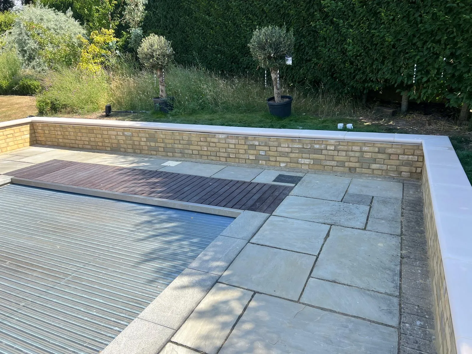 Buff stock brick retaining wall behind, with olive trees.