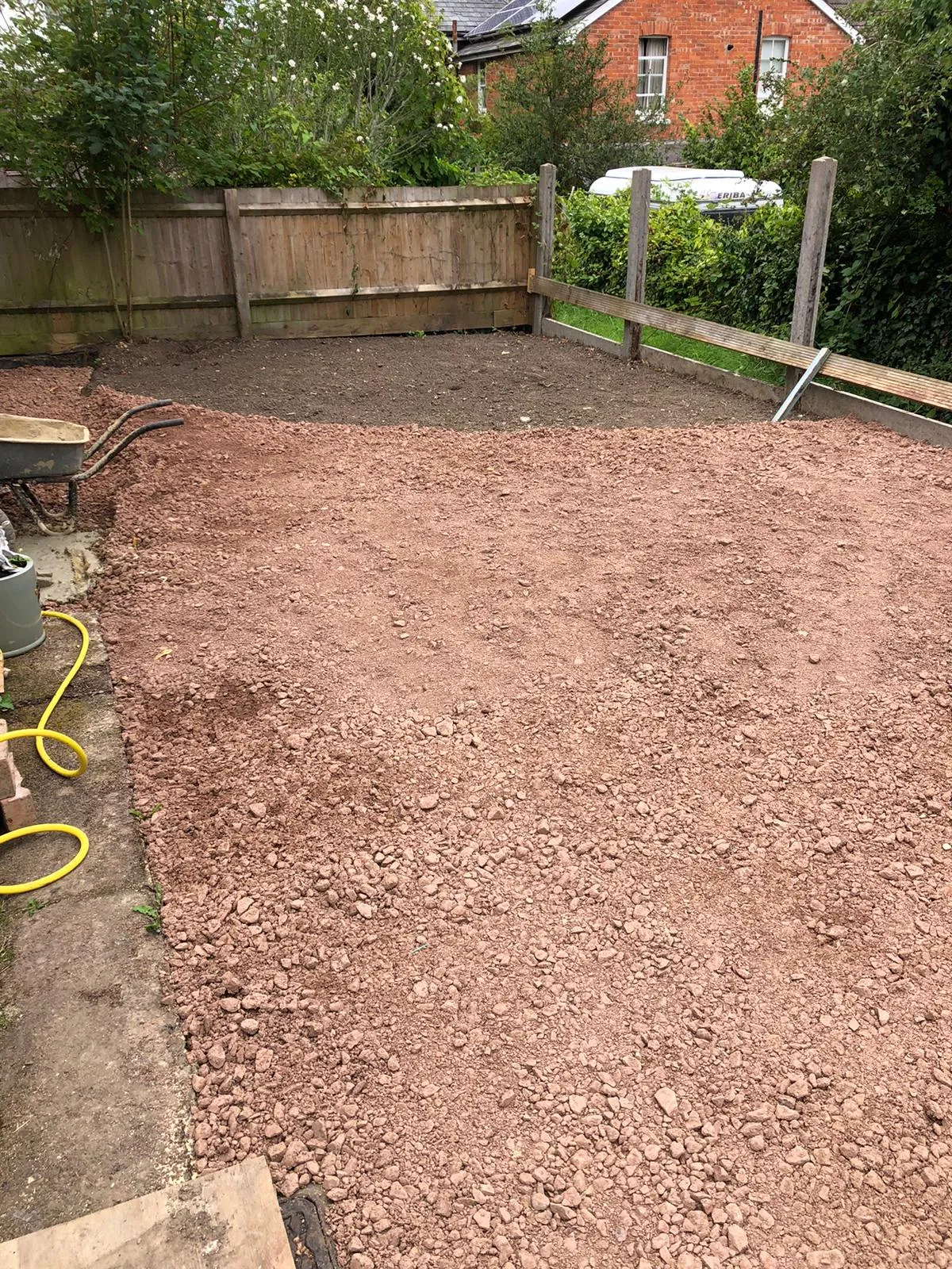 Crushed stone compacted and levelled across the whole patio area
